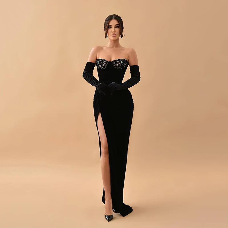 

Thinyfull Sexy Mermaid Evening Dress Black Lace Side Slit Morocco Velvet Without Gloves Saudi Arabia Party Prom Gowns Plus Size