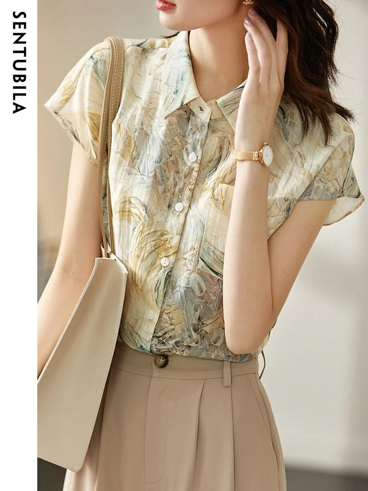 SENTUBILA Summer Shirts For Women 2025 Fashion Chinese Brush Painting Roglan Sleeves Stand Collar Elegant Blouses & Shirts