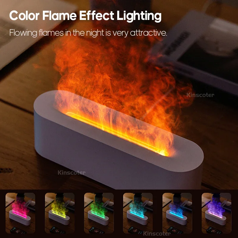 Essential Oil Aroma Diffuser, Flame Air Humidifier, Ultrasonic Fresh Mist, Diffuser with Realistic Fire RGB, Night Light