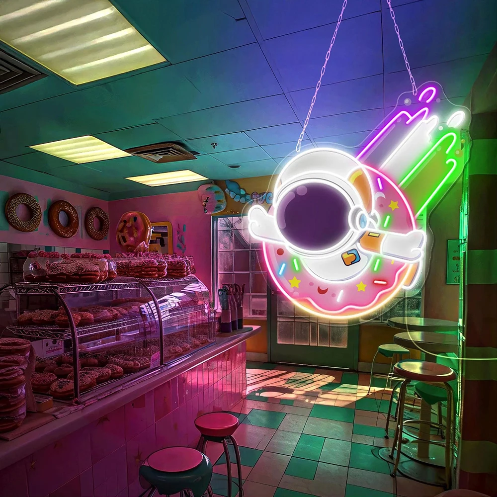 

Donut Astronaut Neon Sign Sweet Donuts Sign Coffee Bar Custom Food Wall Neon Sign Dessert Shop Astronaut Decor LED Neon Light