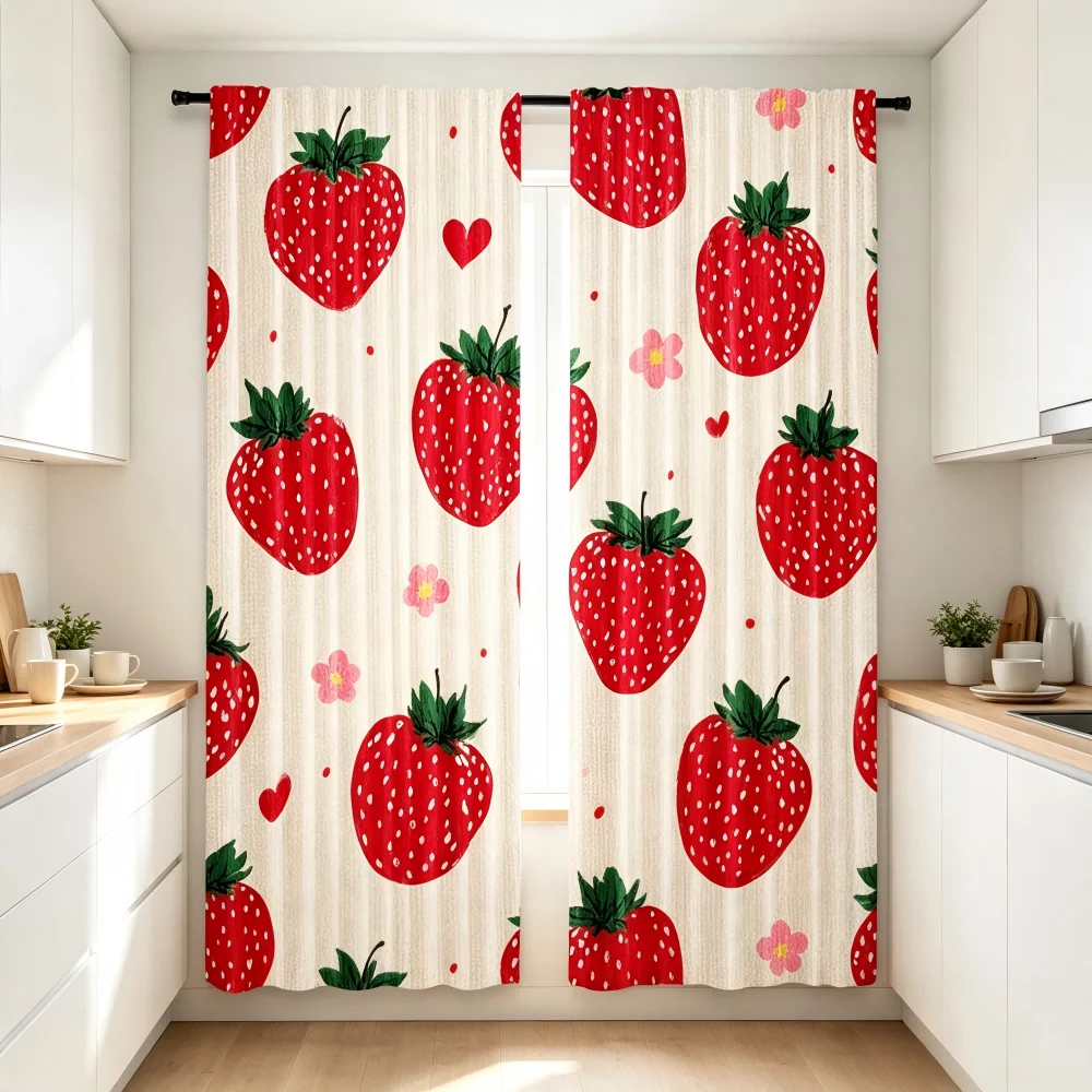 2PCS Digital Printed Curtain, Strawberry with Heart Pattern, Sweet Cute Kawaii Style Window Drapes for Girls Bedroom Decor