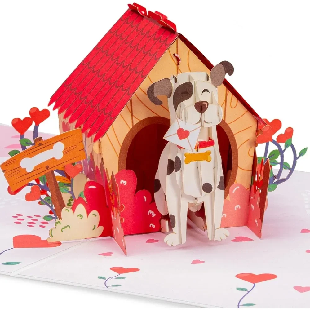 3D Dog House Pop Up Card, For Valentines Day, Birthday, Mothers Day, Adults or Kids, All Occasions