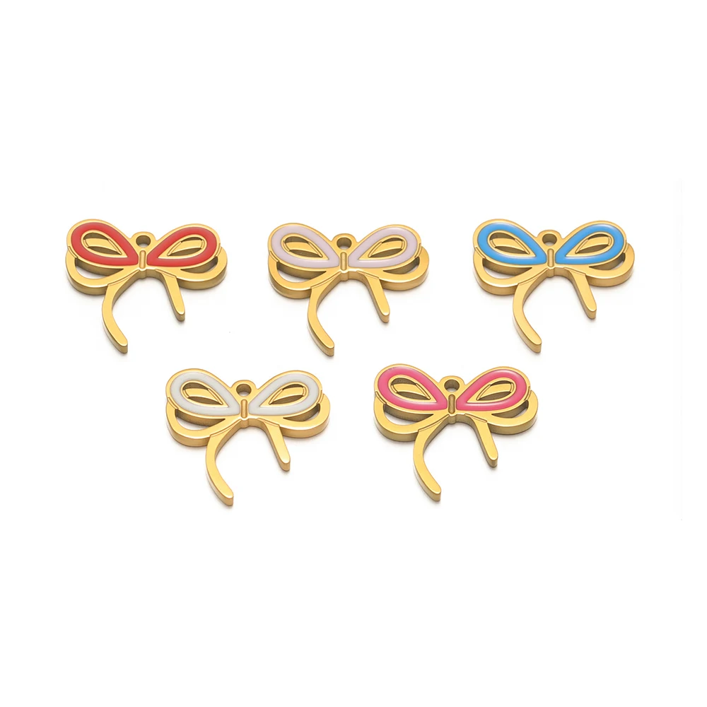 5Pcs Stainless Steel 14x13mm Enamel Bowknot Charms Necklace Pendants Bulk for Children Earrings Bracelets Supplies Jewelry DIY