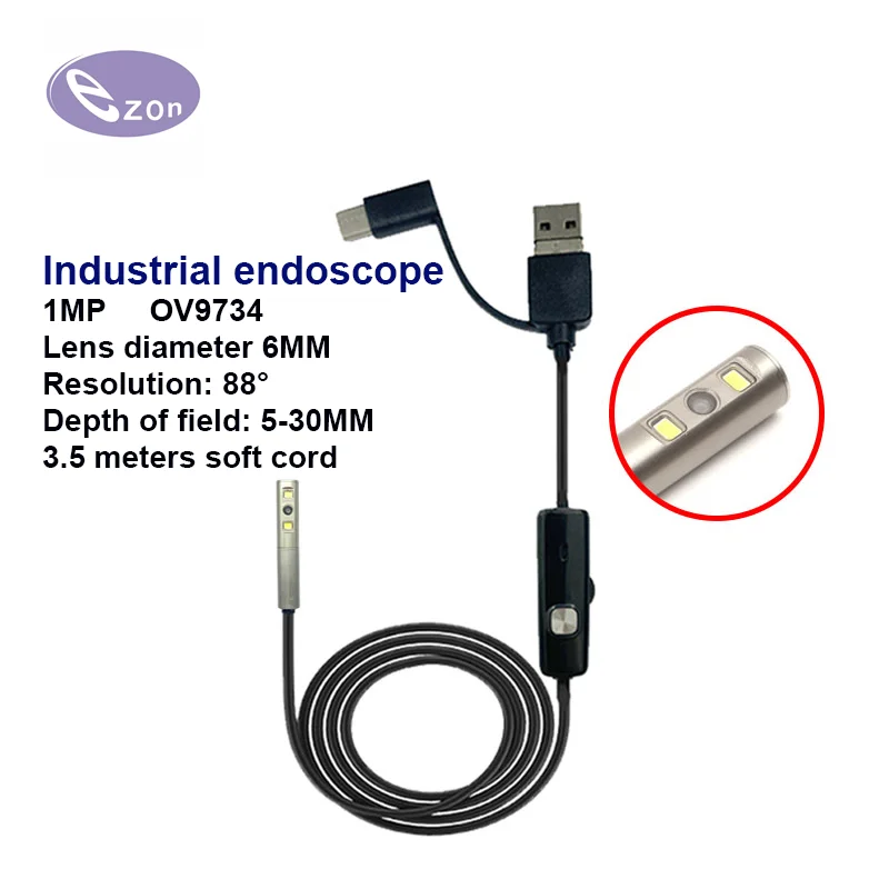 Endoscópio com 3 em 1, 6mm de diâmetro, impermeável, ip67, 1mp, 3 em 1, ez-en60sd-rt