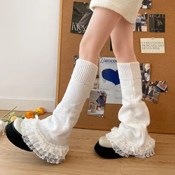 Y2K Fairycore Kawaii Flare High Stocking Japanese Lolita Knitted Leg Warmers 2000s Retro Ruffled Lace Tirm Calf Socks Women