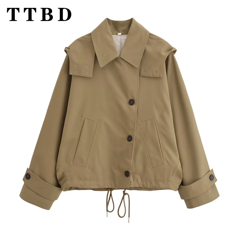 

TTBD 2024 New Autumn Women's Hooded Windbreaker Casual American Vintage Coat Elegant Luxury Outerwear