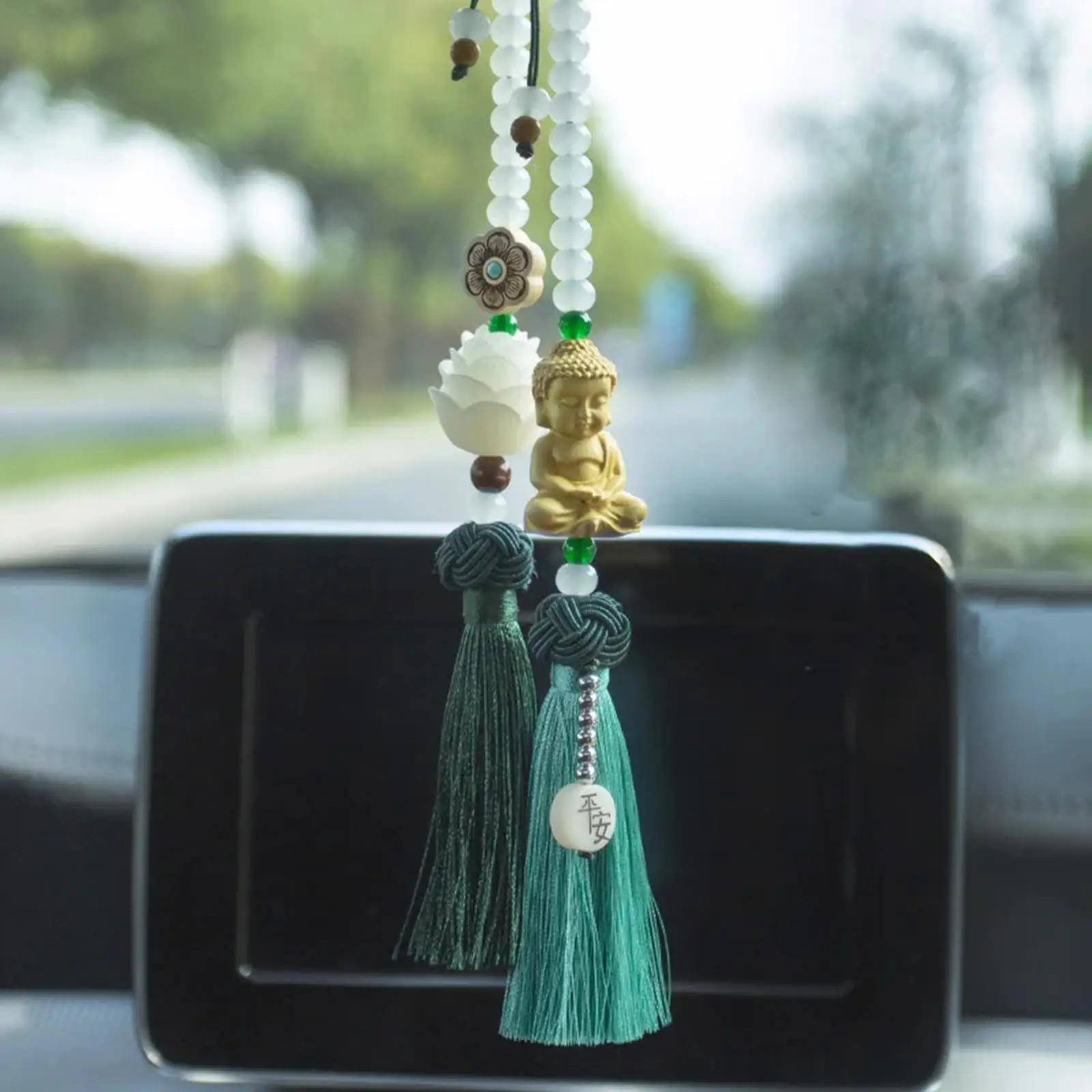 Chinese Peace Charm Car Hanging Pendant Wood Buddha Lotus Tassel Rearview Mirror Decoration for Adults