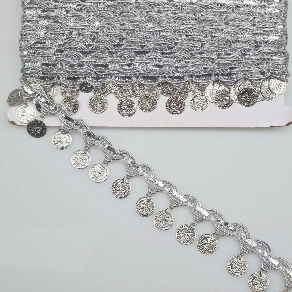 Gold Coin Shape Sequins Lace Tassel Fringe Trim - Polyester, Aluminum - Wedding, General Party