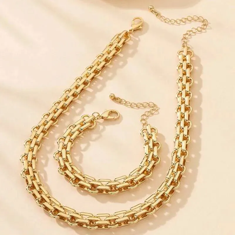 2 PCS Set Gold Color Link Chain Necklace Bracelet Set Punk Bracelet Big Link Chain Dubai Africa Party Jewelry Set Gift FOr Women