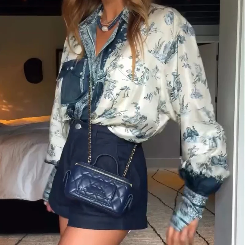 

Autumn New Pattern Printed Single Breasted Shirt Retro Lady Lapel Long Sleeve Commuting Top Elegant Pocket Splicing Holiday Tees