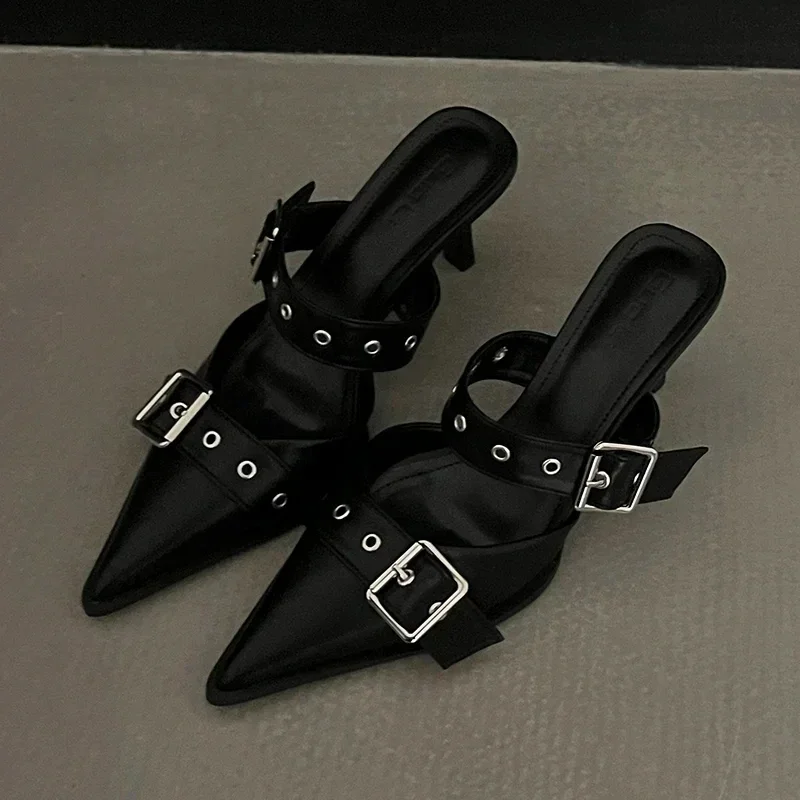 Punk Goth Metal Buckle High Heels Women\'s Sandals Summer 2024 Pointed Toe Silver Party Shoes Fashion Womens Pumps Shoes Tacones