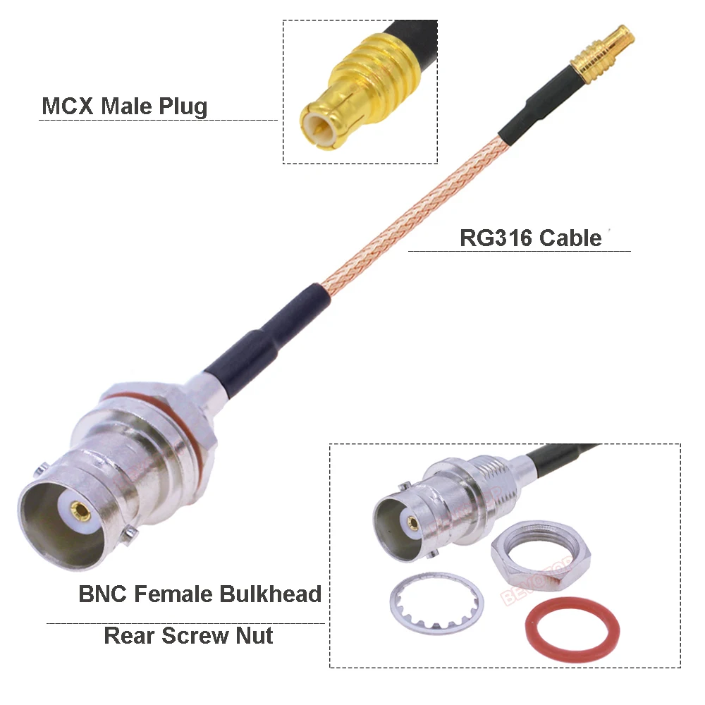 BEVOTOP BNC to MCX RG316 Cable MCX Male/ Female to BNC Female Rear Screw Nut Bulkhead 50 ohm RG-316 RF Coaxial Jumper Pigtail