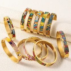Vintage Stainless Steel Enamel Bracelet For Women Plated 18k Gold Color Open Bracelet Fashion Titanium Steel Jewelry Accessories