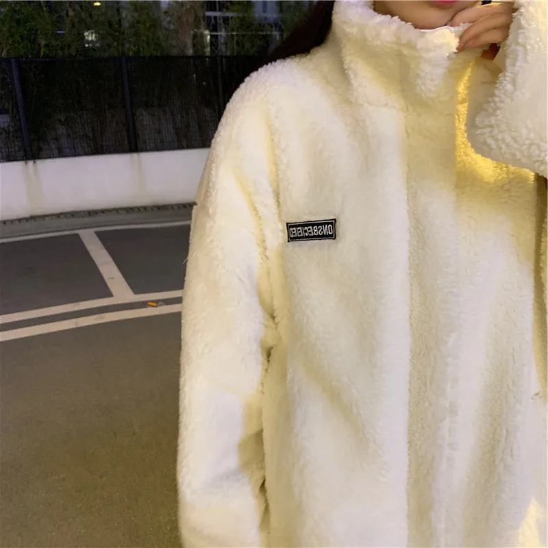 Women Winter Thicken Lamb Wool Coat Faux Fur Warm Stand Collar Outerwear Female Zipper Loose Jacket Full Sleeved Sweatshirts