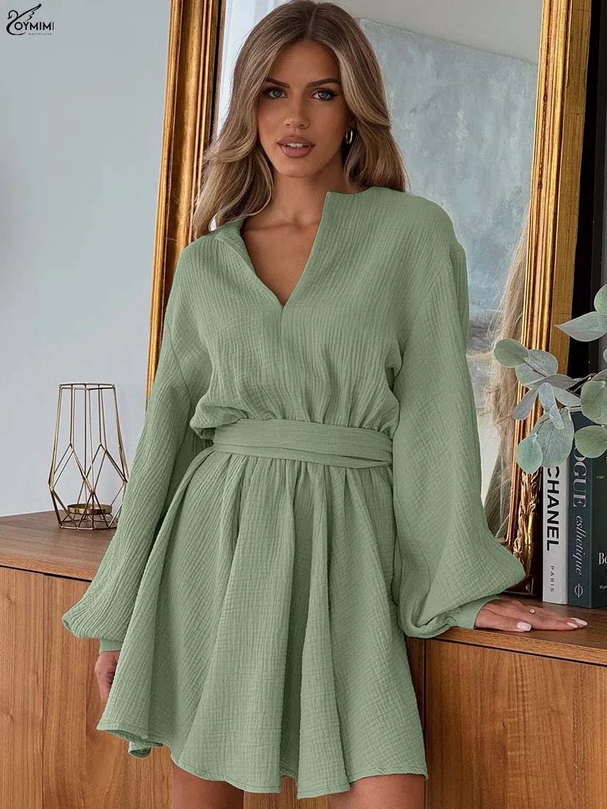 

Oymimi Elegant Green Cotton Dresses 2025 Woman Fashion V-Neck Long Sleeve Loose Dresses Casual High Waisted Pleated Mini Dress