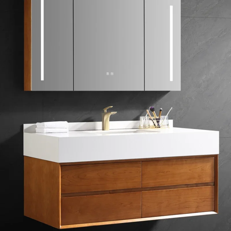 

Log red cherry wood bathroom cabinet modern simple bathroom cabinet washbasin combination rock slab countertop smart mirror