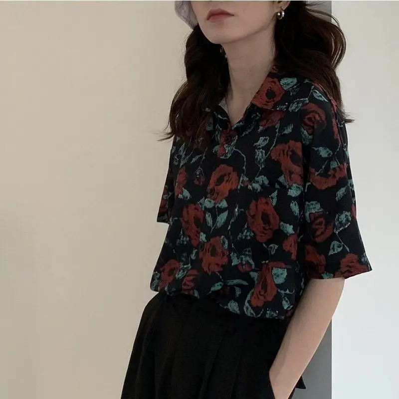 Summer New Vintage Floral Loose Shirt Tops Polo Neck Short Sleeve Button Printing Beach Blouse Fashion Casual Women Clothing