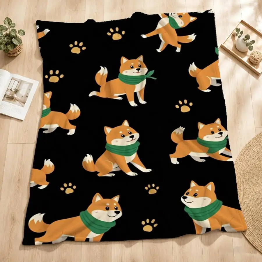 Cozy Shiba Inu Weighted Throw Blanket Suitable for - Use - Soft Flannel Bedspread with Green Scarf Shiba Dogs on Black, Machine Washable Warm Bedding Gift for Couch, Bed, Office, Travel - Perfect for &