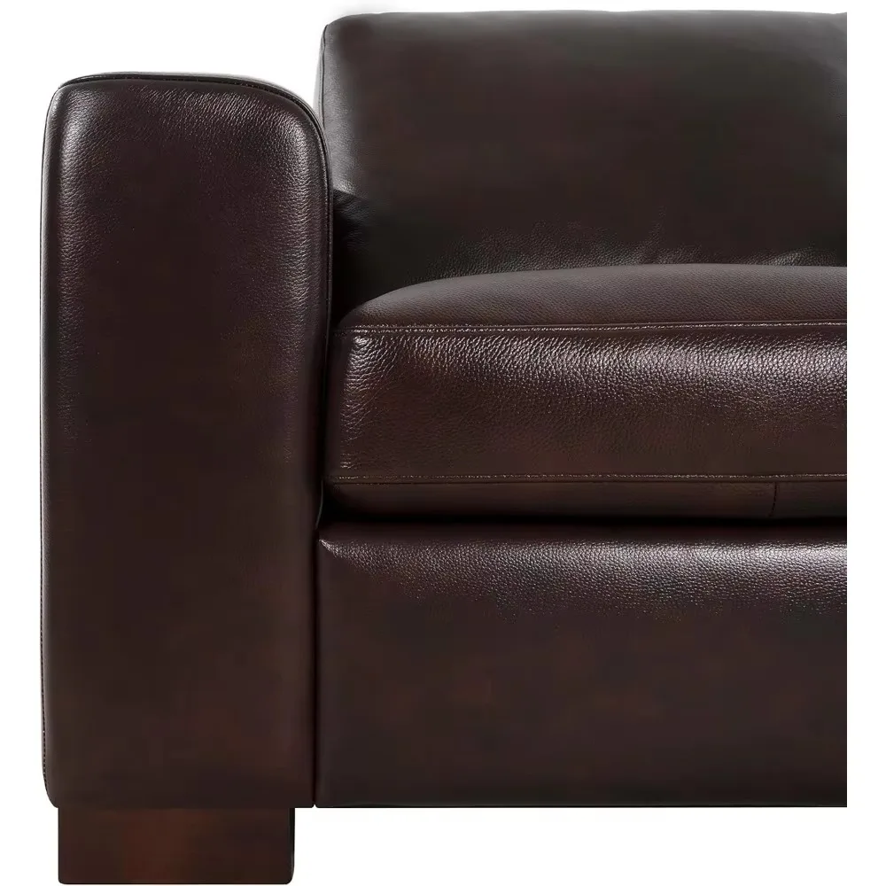 Leather sofa with goose feather cushion padding, square arm design, sturdy block legs, perfect for the living room