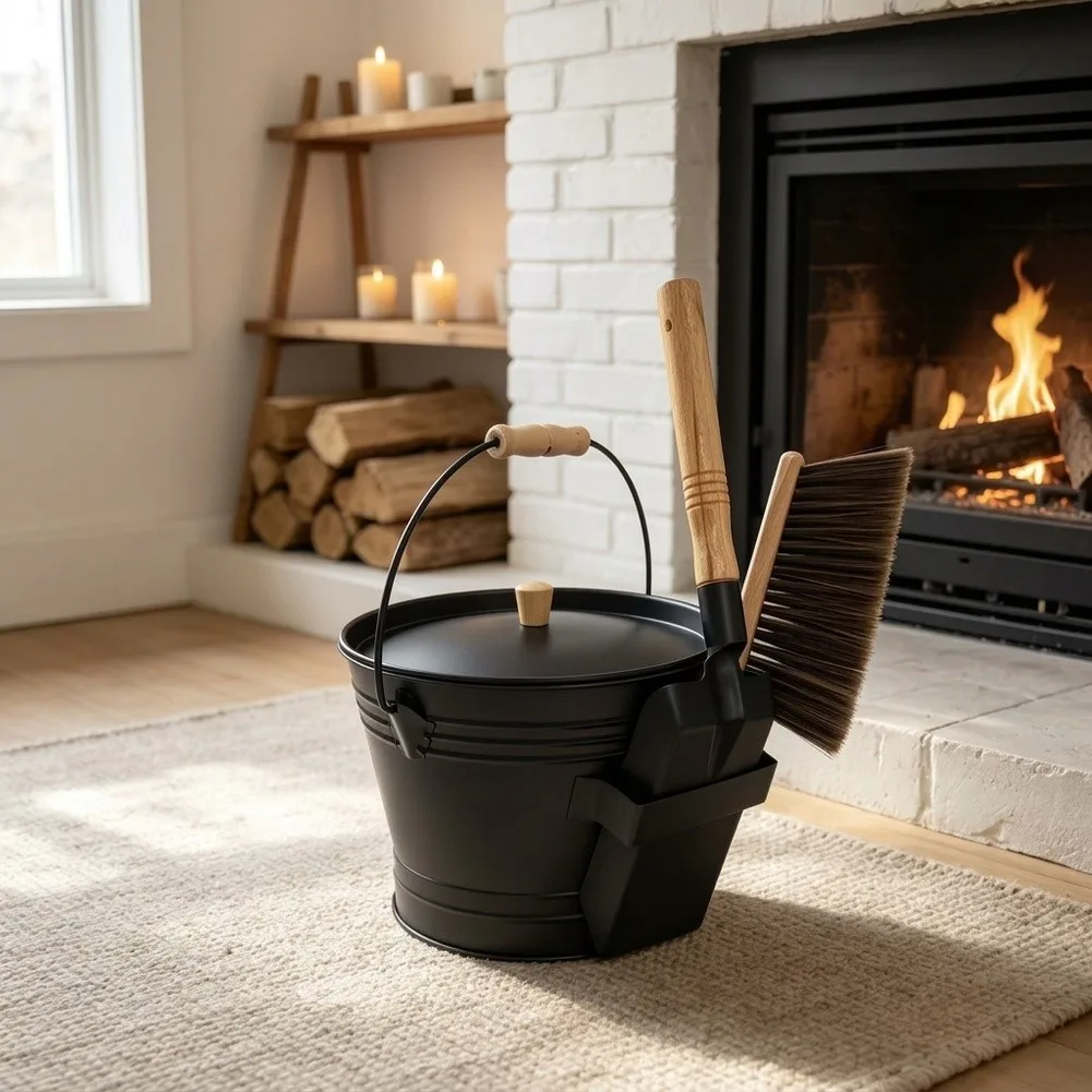 Galvanized Iron Bucket Black Fireplace Ash Bucket Rust Resistant Material Sturdy Wood Handle Indoor Outdoor Use
