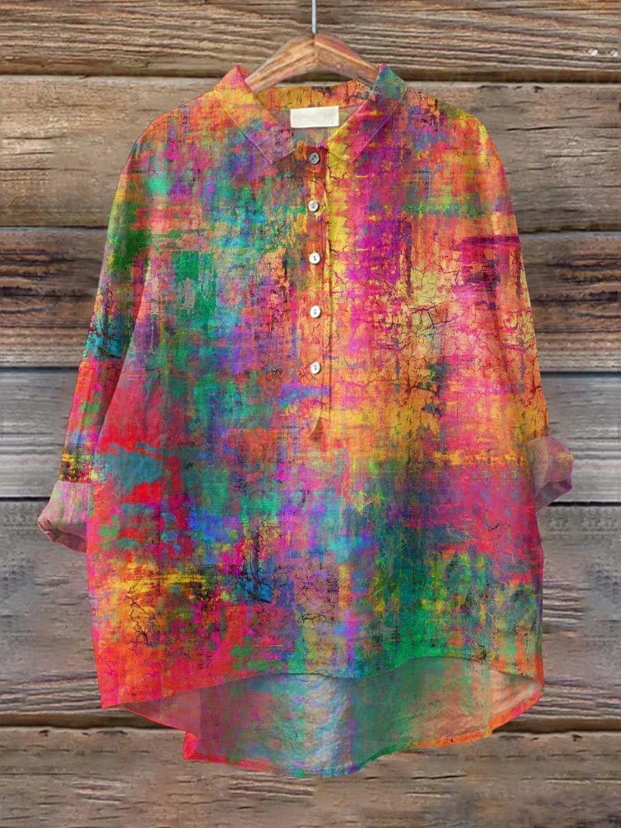 Top da donna Casual e camicia di lino con stampa artistica arcobaleno da donna