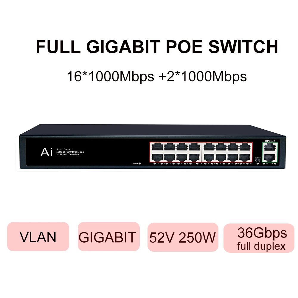 16 Ports Gigabit Switch Poe 1000 MBit/s Ethernet Poe Switch Schneller Smart Network Switch Ethernet Splitter für WLAN-Router IP-Kamera