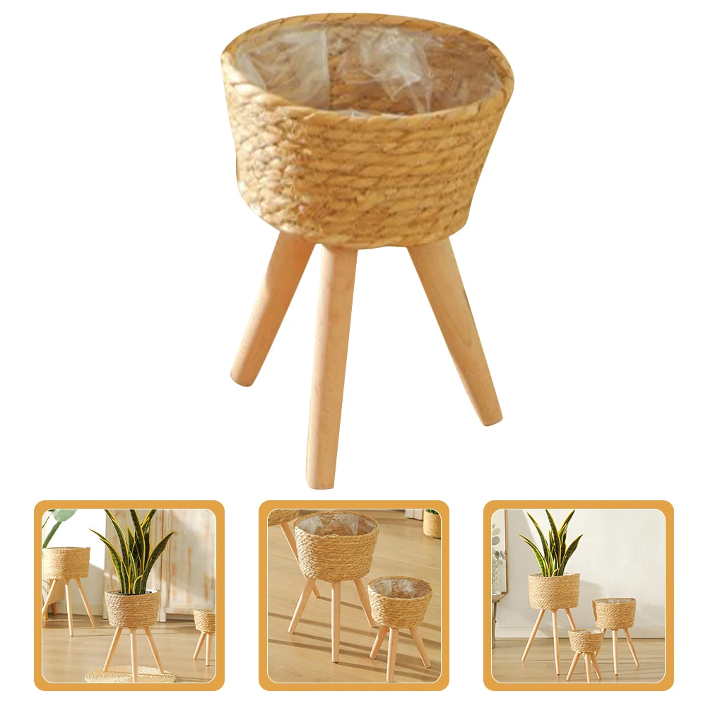 

Wooden Flower Crafts Stand Rattan Woven Plant Basket Floor Pot Holder Flower Pot Base Garden Planter