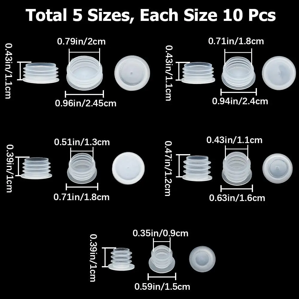 50PCS 5 Sizes Plastic Bottle Salt and Pepper Shaker Stoppers 23/64 to 25/32 Inch Replacement Plug Reusable Clear Round End