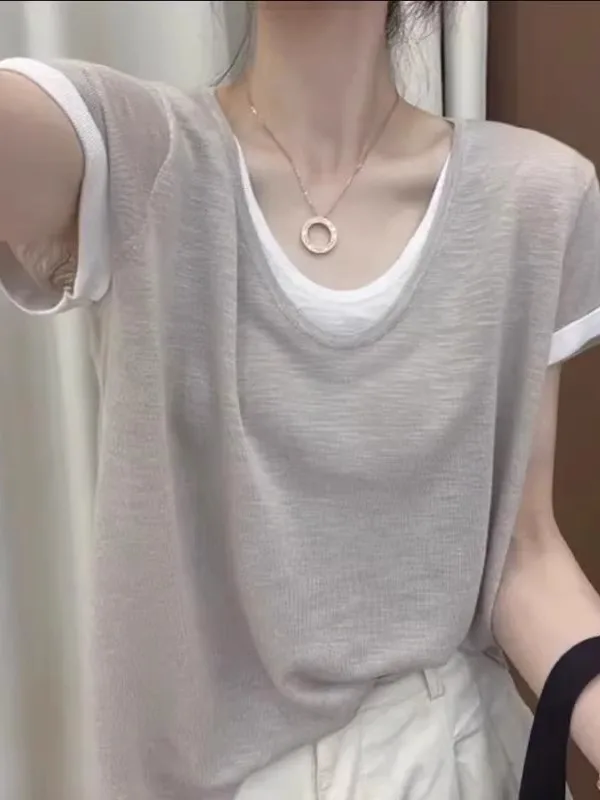 

plus Size Summer Cotton Blend Slimming Loose Fit ort Sve Top Women's Faionable Design Fake Two-Piece T-irt