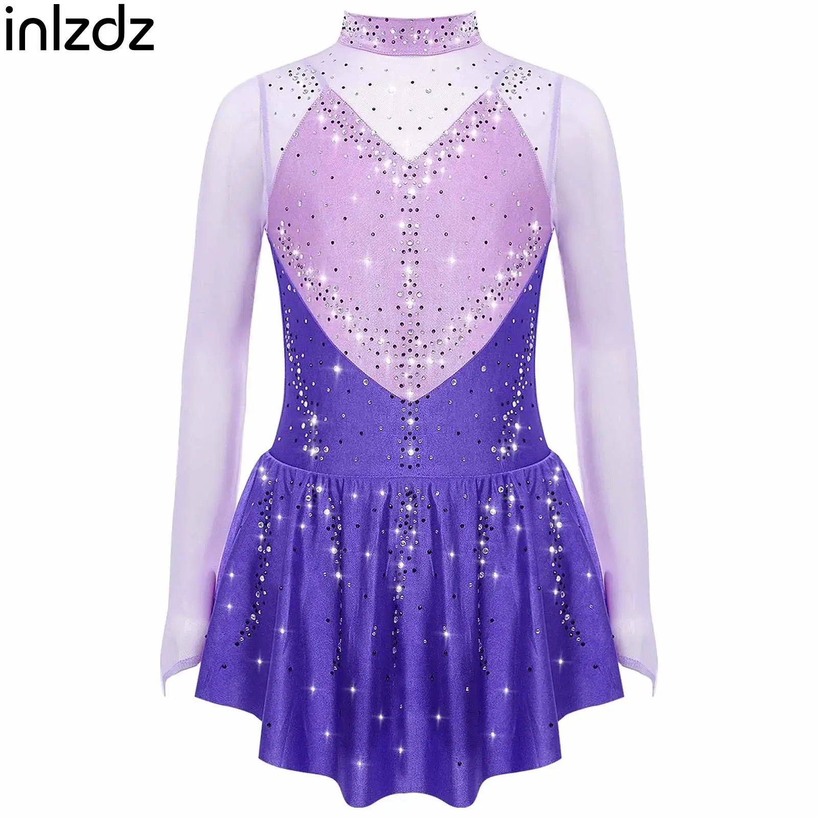 

Kids Girls Shiny Rhinestones Lyrical Modern Dance Costume Gymnastics Figure Skating Ballet Dancewear Long Sleeve Leotard Dress