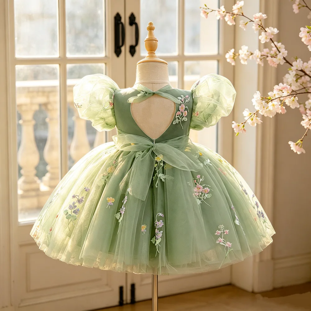 Baby Girl Floral Printed Gown Dress Puff Sleeve Elegant Gown Dress White Baptism Dress Suitable for Birthday Party Gathering