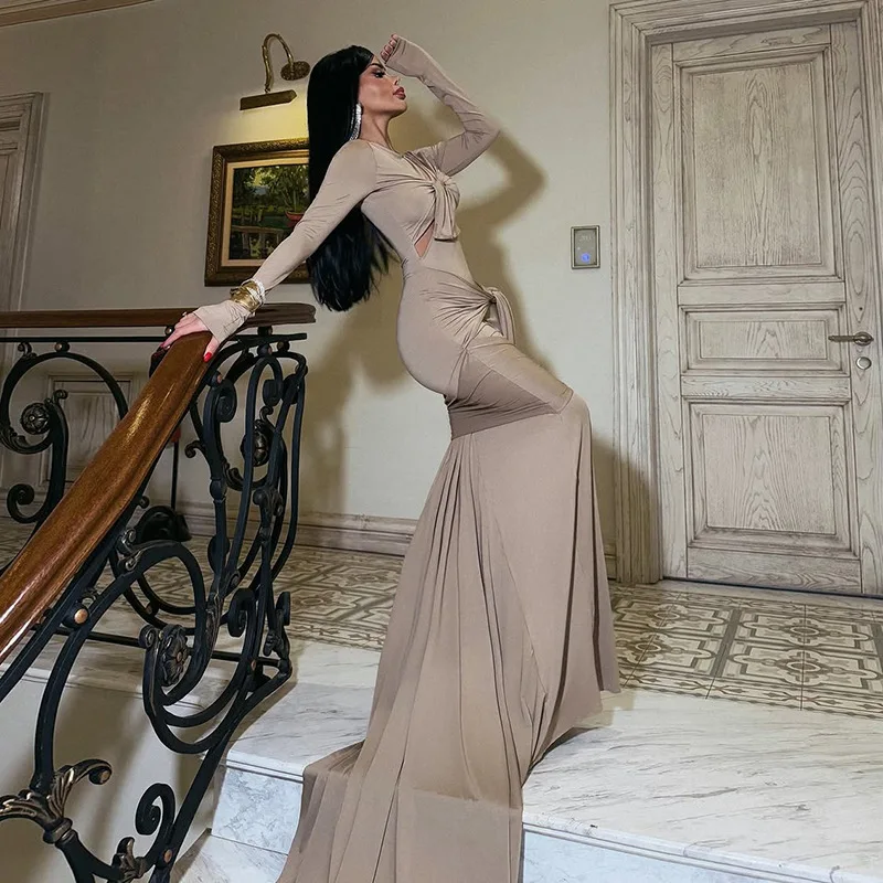 DSMTRC Elegante Solido Cut-Out Patchwork Increspato Manica Lunga Guaina Vestaglie Da Sera Classica Donne Maxi Vestito Femminile Festival Abiti