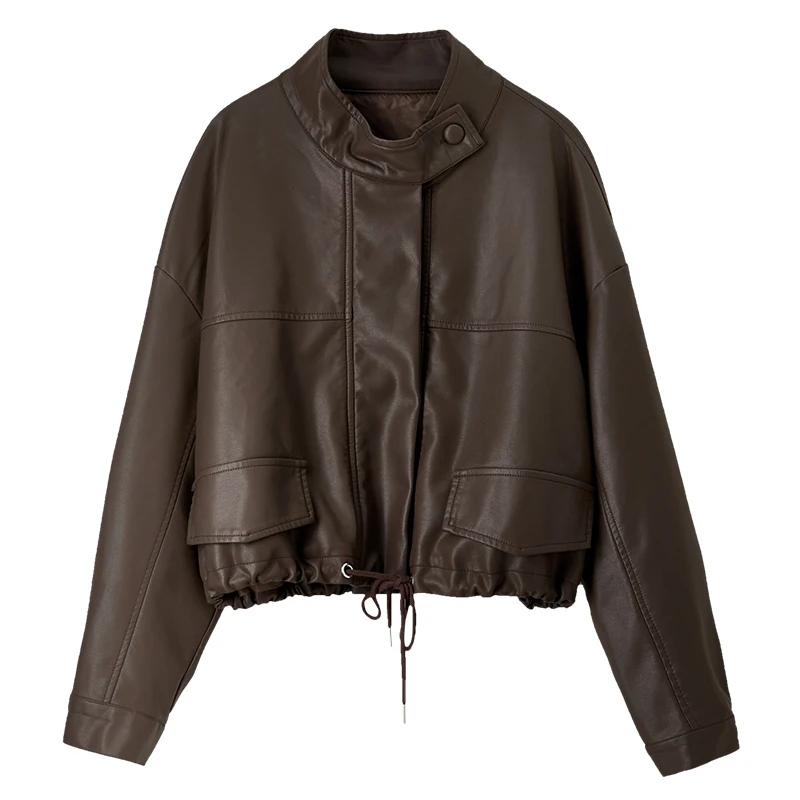 SENTUBILA Women Solid Pu Leather Jackets Autumn Retro Casual Draw Rope Cropped Motorbike Jackets Cool Windproof OutwearW43G56875
