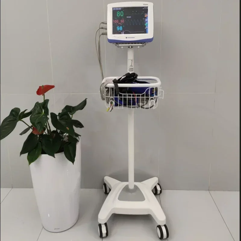 White PP Plastic Base Hospital Furniture Medical Trolleys Veterinary Vital Signs Monitor