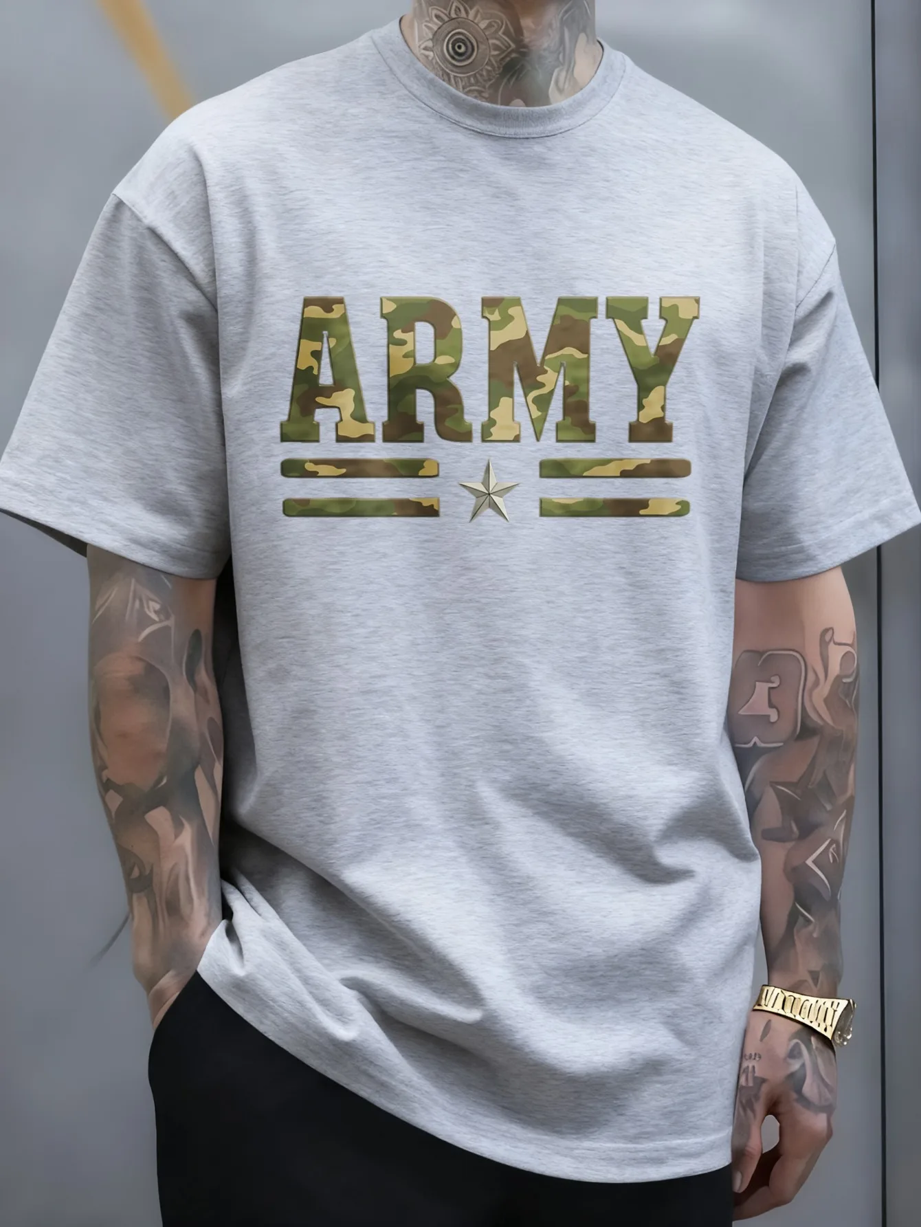 T-shirt in cotone con stampa mimetica militare e motivo a stelle, adatta a tutte le stagioni, dal taglio casual, con scollo rotondo, tessuto morbido ed elastico, traspirante, maniche corte, con stampa