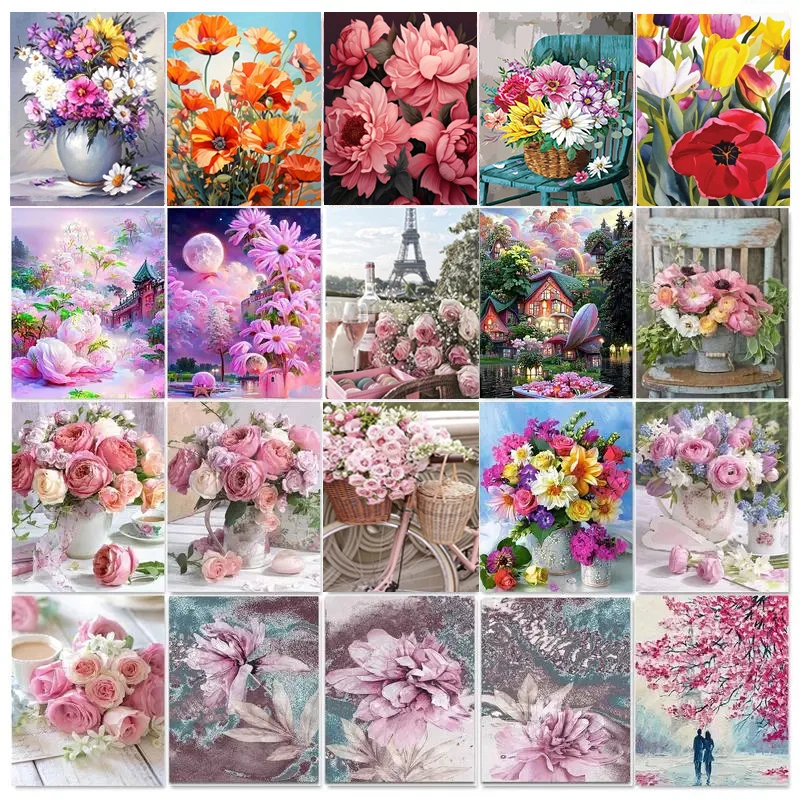 

GATYZTORY Oil Painting By Numbers Pink Landscape DIY Room Wall Art Pictures By Number Flower For Adults Home Decoration