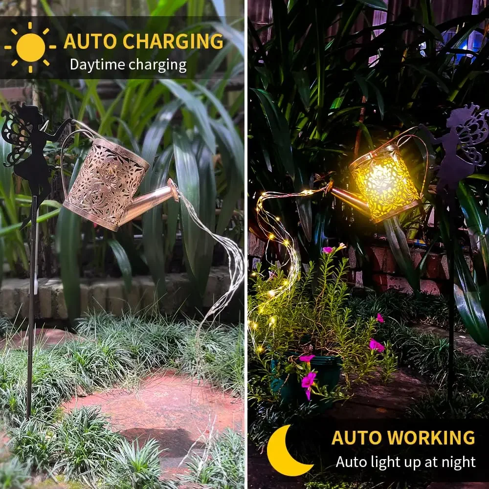 Fairy Garden Stake with Solar Watering Can Light Metal Hanging Retro Lamp Decoration for Outdoor Garden Yard Patio Backyard Lawn