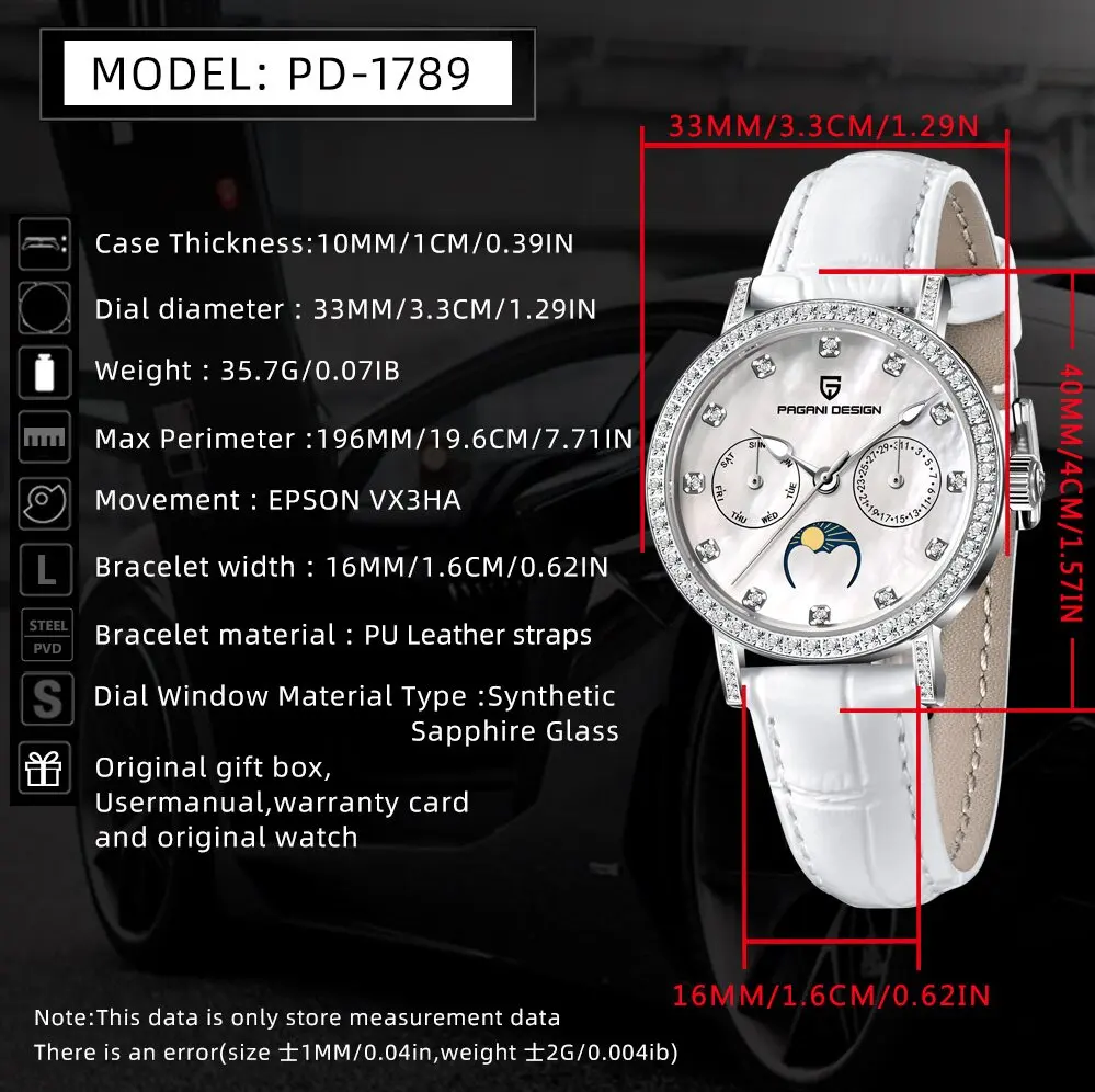 PAGANI DESIGN Elegant Simple Lady Quartz Watch Exquisite Style Diamond Pointer Leather Strap Week Display Moon Phase Dive Watch