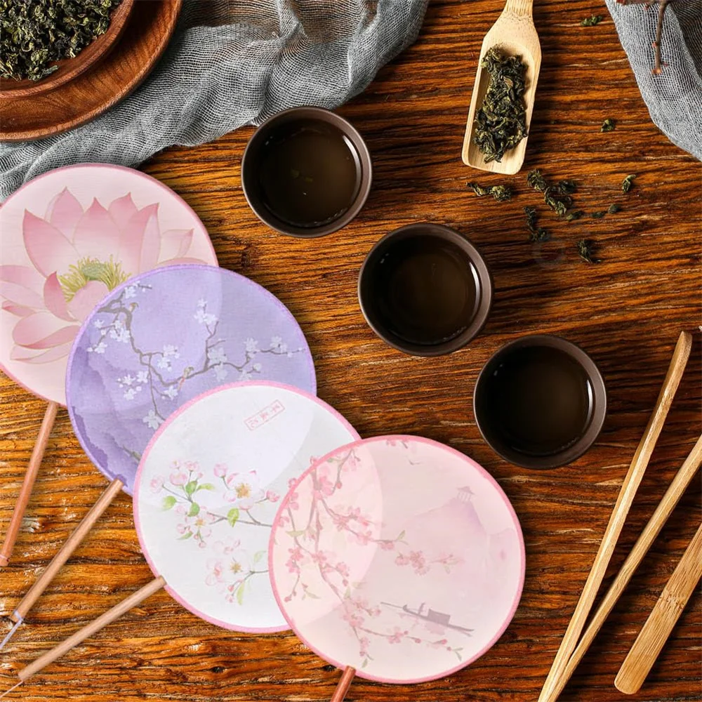 Silky Silk Round Wooden Fan Exquisite Floral Round Ancient Round Hand Fan Portable Ancient Round Dance Fan for Performance