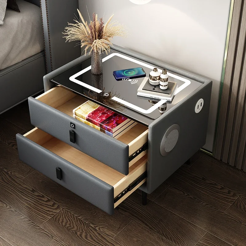 luxury bedroom wooden Bed room furniture smart table modern nightstands with USB wireless charging smart bedside table