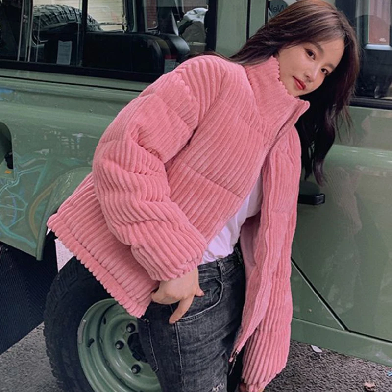 Winter Corduroy Crop Parkas Women Solid Korean Loose Stand Collar Student Puffy Coats Casual Long Sleeve Baggy Preppy Outwear