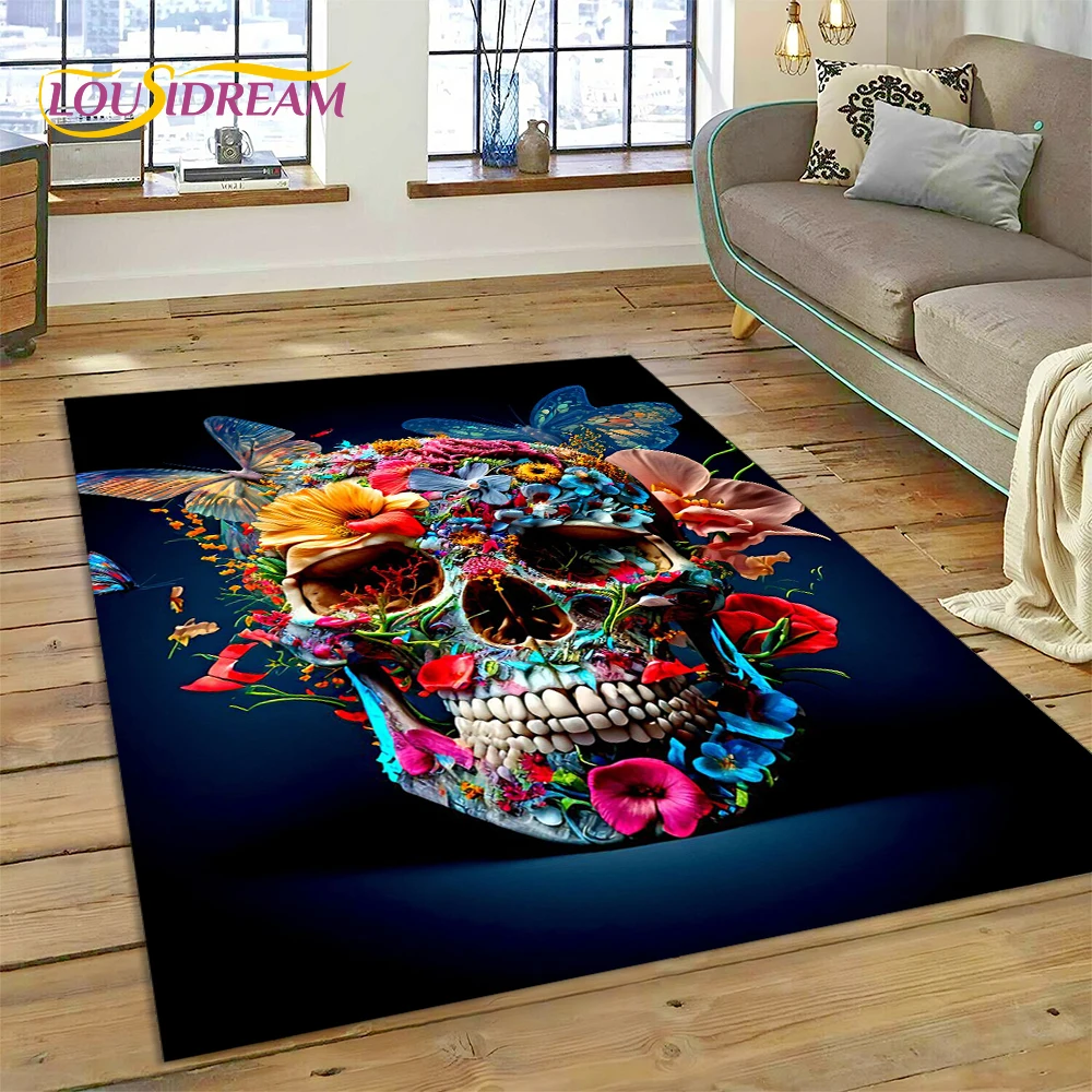 Cartoon Horrible Gothic Skull Flowers Carpet Rug for Home Living Room Bedroom Sofa Doormat Decor,Kid Area Rug Non-slip Floor Mat