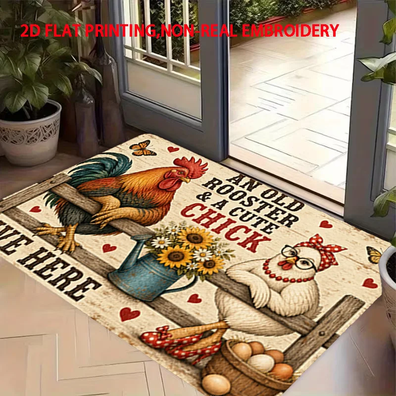 Chicken Floral Good Vibes Welcome Mat Navy Base Orange Bloom Script Text Print Non Slip Indoor Entrance Rug