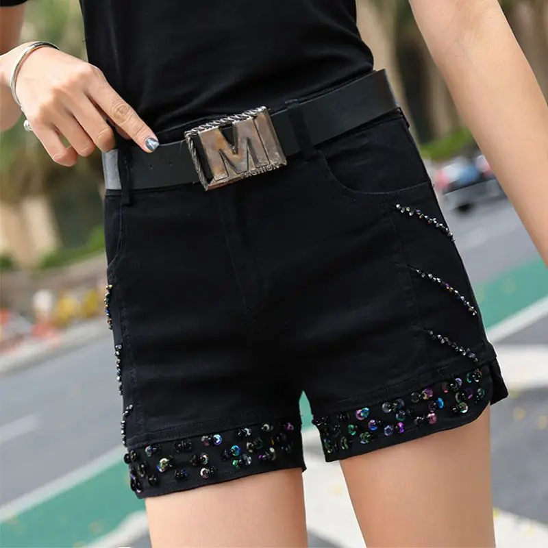 2024 Summer New Black Sequins Denim Shorts Women's Streetwear Korean Slim Chain Trend Hot Pants Casual Short Jeans