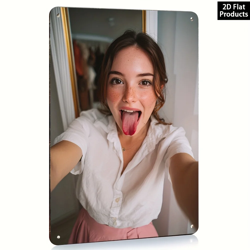 Retro Japanese Metal Wall Art - 2D Flat Tongue Girl Portrait, Heat-Resistant Aluminum Decor for Home Cafe Studio