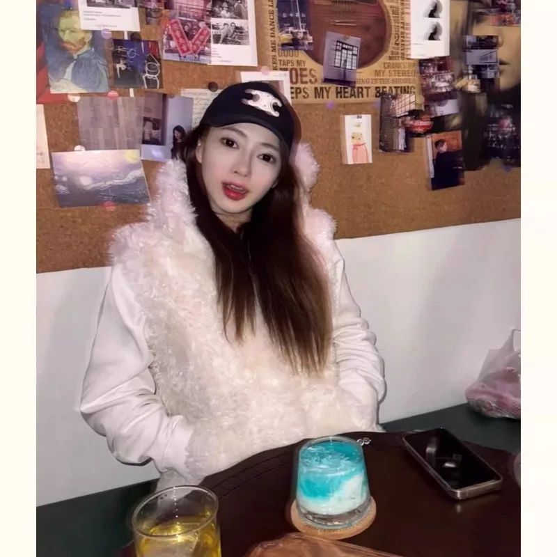 

Белые жилеты из искусственного меха с капюшоном, однотонные короткие меховые куртки без рукавов, роскошные плюшевые пальто из искусственной шерсти с пышными медвежьими ушками, милые повседневные свободные