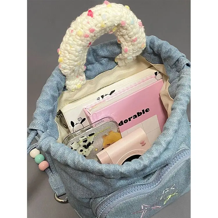 Vintage Women Denim Backpack Cute Bucket Bag Design Blue Plaid Kawaii Handbag Girls Y2k Embroidery Backpacks String Mini Bag New