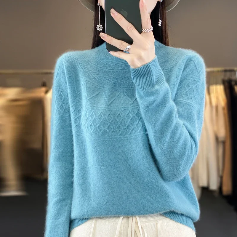 

Autumn Winter New 100% Wool Cashmere Sweater Women Half High Collar Pullover Casual Knitted Top Female Fashion Top