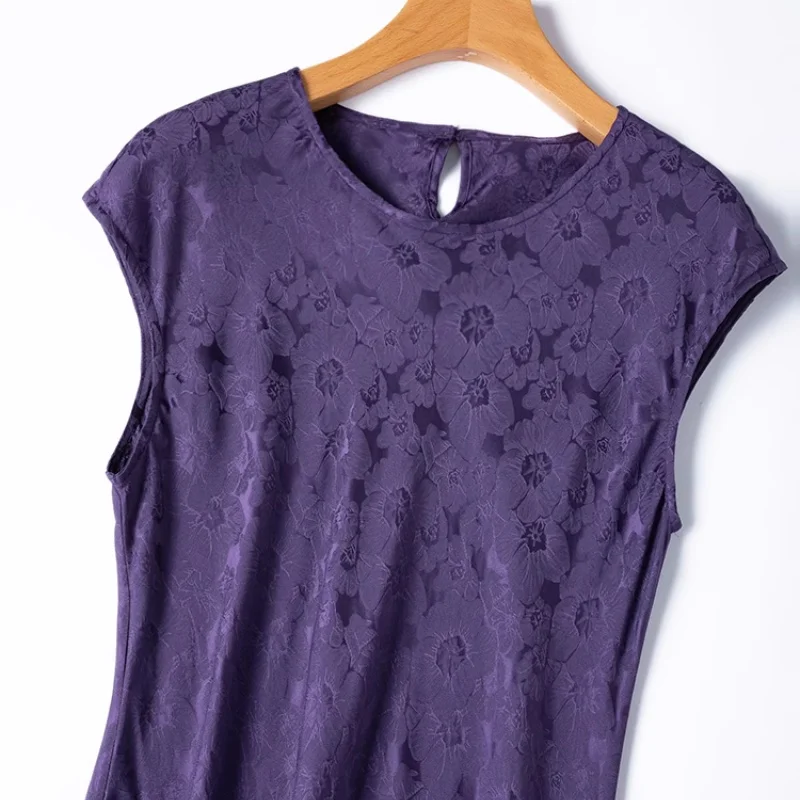 Birdtree Women's 100%  Silk Dress,Bias-cut Solid Sangpu Satin Jacquard O-neck Short Sleeved Dresses,2025 Summer D55744JF