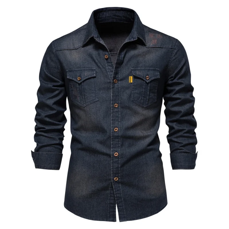 2022 Spring Foreign Trade Cross-Border New Arrival Denim Shirt Men's Casual Solid Color Double Pocket Men's Long Sleeve Shirt